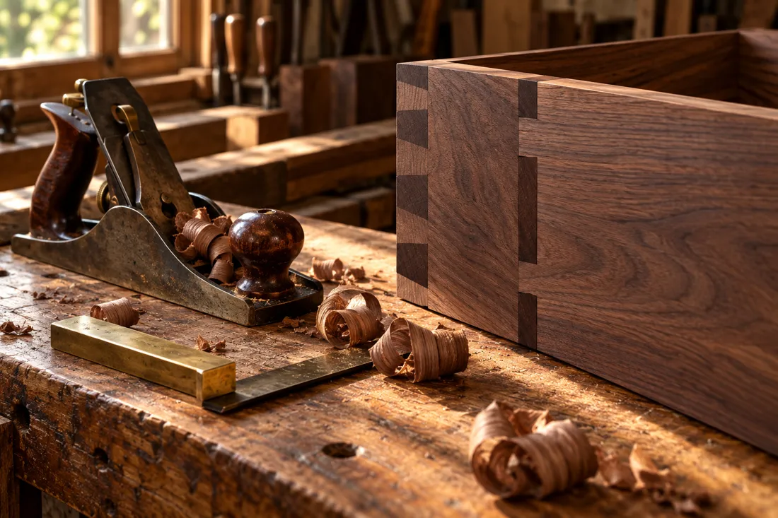 Illustrative fine walnut joinery with a hand plane and precision tools