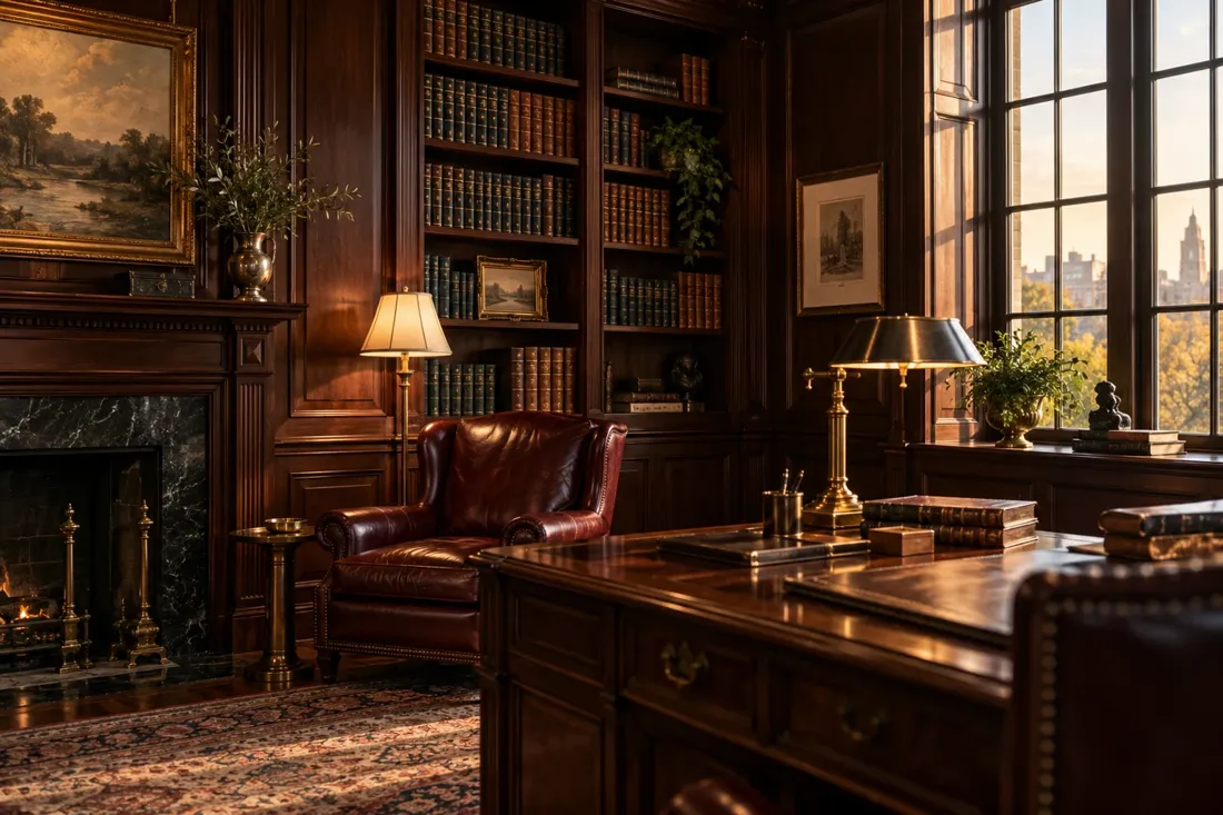 Illustrative mahogany-paneled professional study