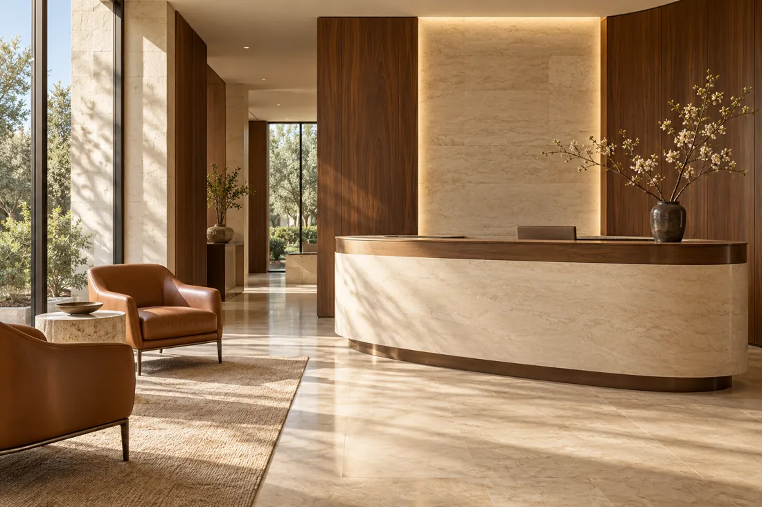 Illustrative walnut and limestone reception in a private medical practice